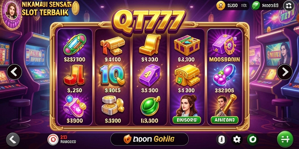 Tampilan gameplay Slot menarik di QT777 dengan berbagai simbol.